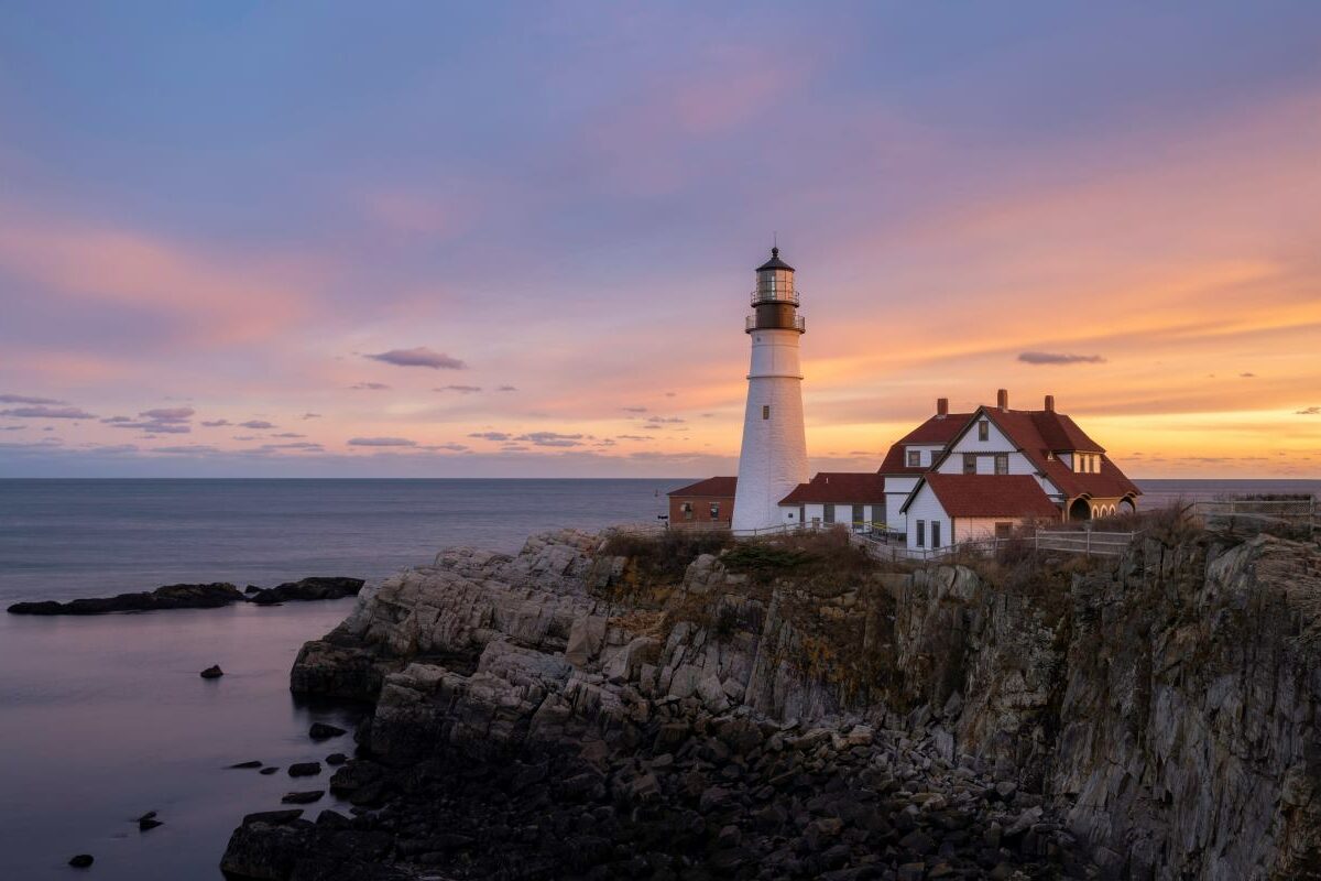 A lighthouse along the coast of Portland, Maine.
